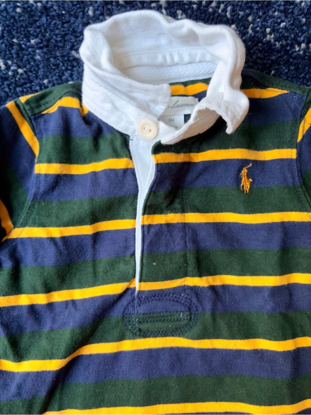 Ralph Lauren Green, Navy & Yellow Striped Rugby Polo with White Collar